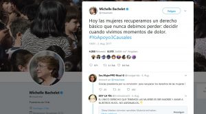 Tweet von Bachelet nach der Zustimmung des Parlaments zum Abtreibungsgesetz