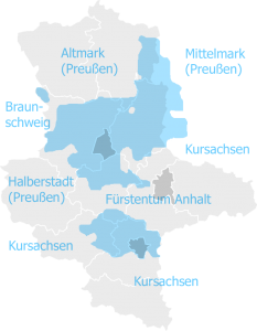Blau das Gebiet des Erzstiftes Magedeburg (zum Vergleich die heutigen Landesgrenzen von Sachsen-Anhalt, grau)