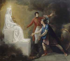 Allegorie von 1802. Das Heidentum verneigt sich vor dem jungfräulichen Licht der Religion und der Heiligen Schrift