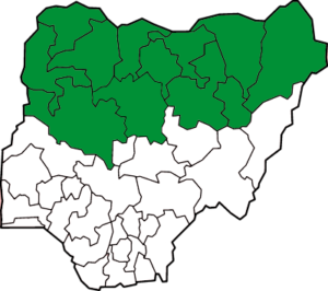 Der islamische Norden Nigerias (grün), in dem die Scharia gilt