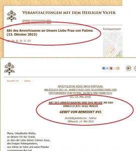 "Akt des Anvertrauens" 2013 durch Papst Franziskus, (unten) Akt des Anvertrauens und der Weihe durch Benedikt XVI. 2010