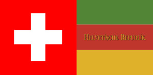 Beanstandetes Kreuz in Schweizer Fahne. Rechts die Jakobinerfahne der Helvetischen Republik von 1798-1803 als die Schweiz von französichen Revolutionstruppen besetzt war.