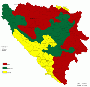 Bosnien-Herzegowina: (gelb) katholische Kroaten, (grün) moslemische Bosniaken, (rot) orthodoxe Serben