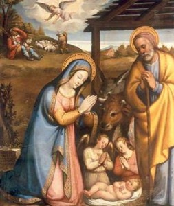 Christi Geburt, Anbetung durch Maria, Joseph und die Engel, Verkündigung an die Hirten (Fra Tiburzio Baldini)