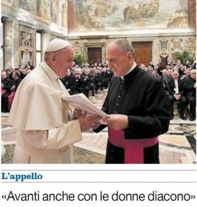 Zwei Termine am selben Tag: Oben Papst Franziskus mit dem scheidenen Dekan der Rota Romana, Msgr. Pinto, darunter Forderung "Vorwäts beim Frauendiakonat" von Don Albanesi.