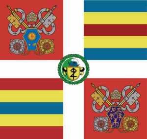 Neue Fahne der Schweizer Garde 2013 mit dem Wappen von Papst Franzikus und Kommandant Oberst Daniel Rudolf Arnig