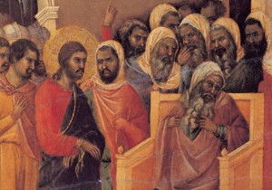 Jesus vor Kaiphas, der sich die Kleider zerreißt, Duccio di Buoninsegna, um 1300