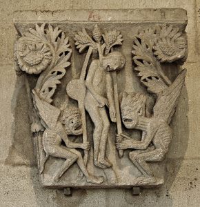Judas erhängt und umringt von Dämonen. Kapitell in der Kathedrale von Autun.