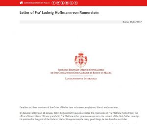 Malteserorden: Erklärung von Großkomtur Hoffmann von Rumerstein in seiner Funktion als Statthalter ad interim