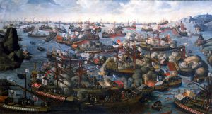 Das Hauptschiff des Malteserordens (vorne links) in der Schlacht von Lepanto, umgeben von kaiserlichen und österreichischen Schiffen.