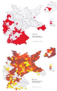 (Oben) Katholischer Bevölkerungsanteil, (unten) NDSAP-Stimmen 1932